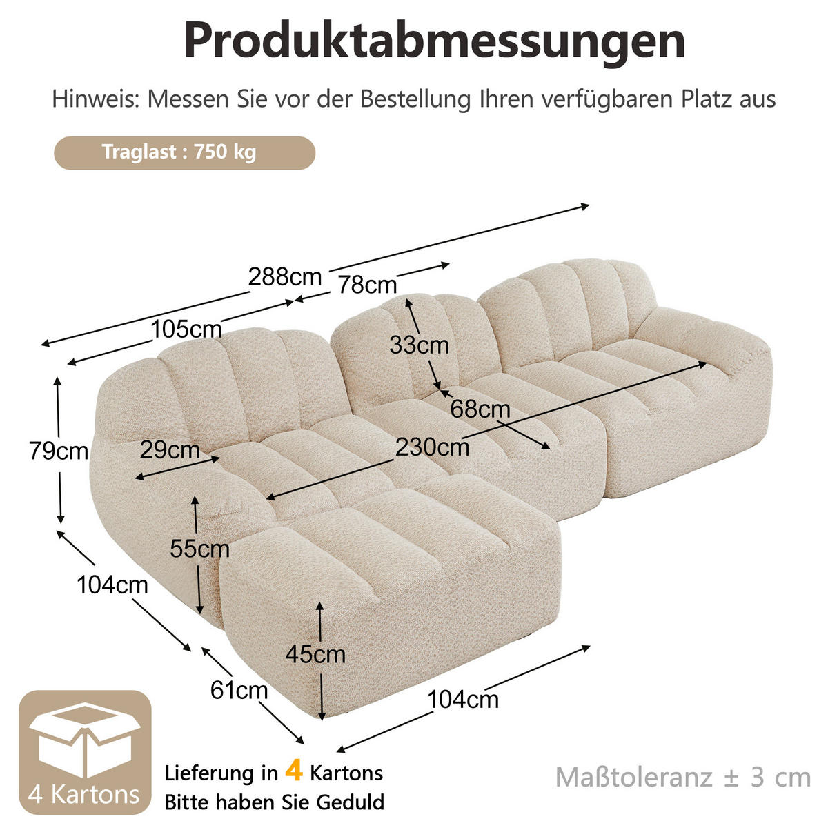 MODULARES Ecksofa mit Ottoman, Granuliertem Fleece, Beige-Weiß 288x165x79 cm, als 3-Sitzer stellbar - Creme, Textil (165/288cm) - IVMEU
