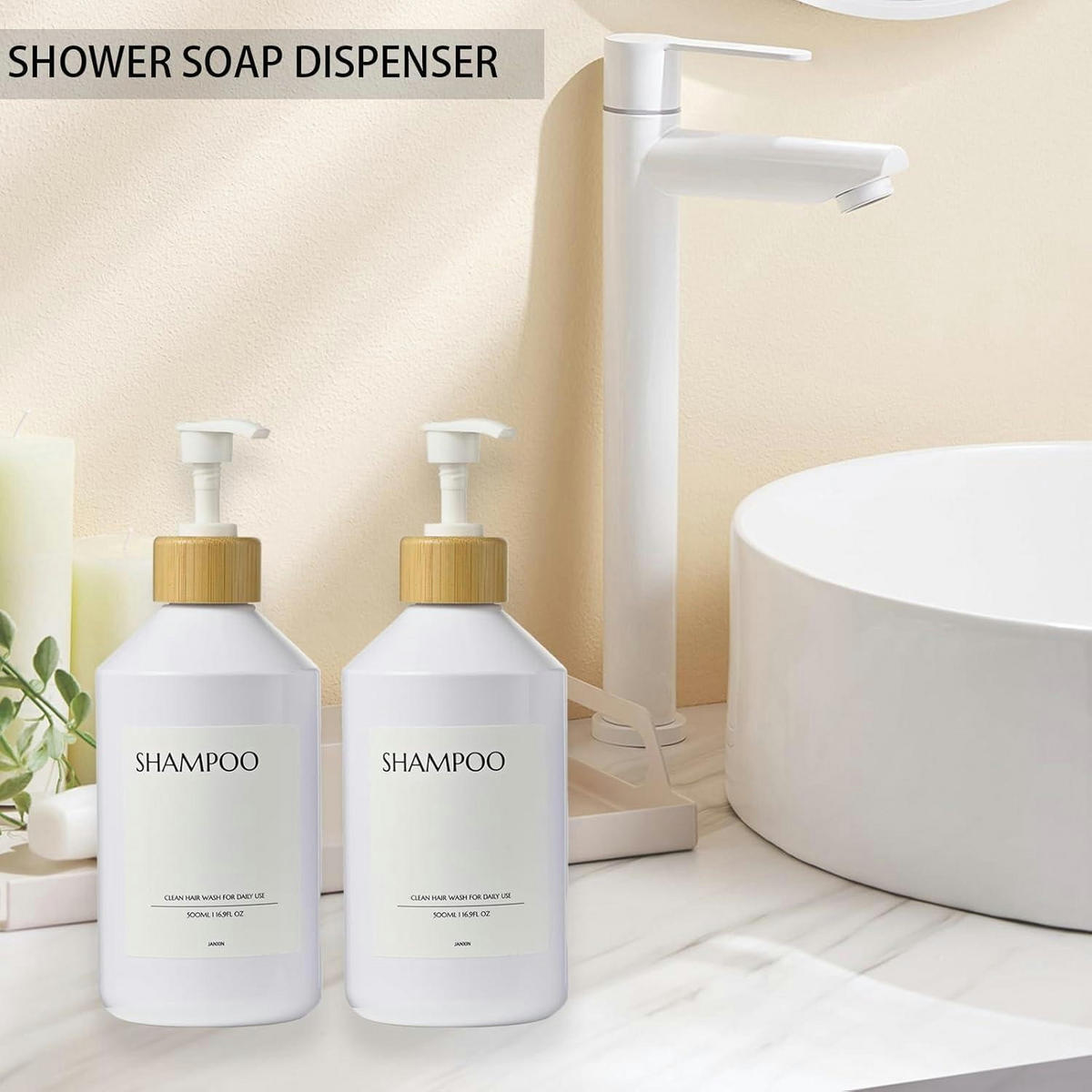SEIFENSPENDER 3-teiliges Set Weiß Bambus 500 ml - Weiß, Kunststoff (8.6/23/20cm)