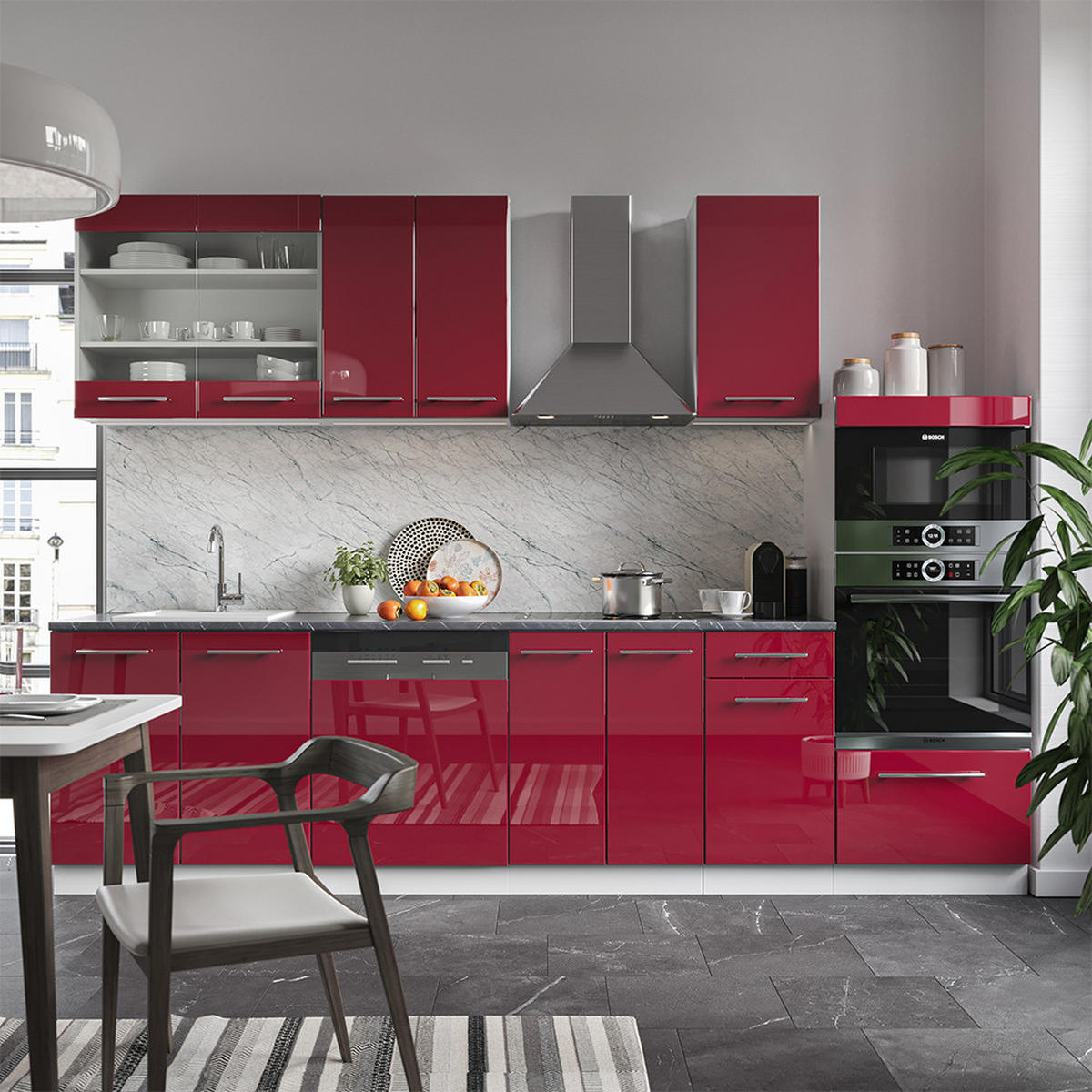 KÜCHENZEILE Fame-Line Bordeaux Hochglanz/Weiß 300 cm mit Hochschrank AP Eiche - Bordeaux/Weiß, Holzwerkstoff (300/81.6/60cm) - Vicco