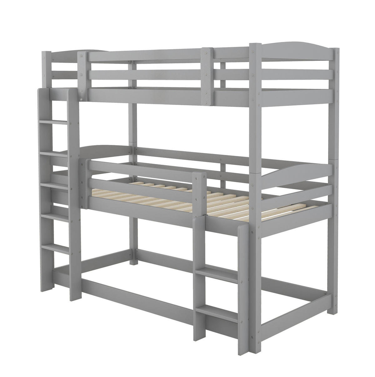 ETAGENBETT aus Kiefer und MDF 90x200 cm Grau, 3 Schlafplätze, mit 2 Leitern und hoher Absturzsicherung - Grau, Holzwerkstoff (90/200cm) - Modfu