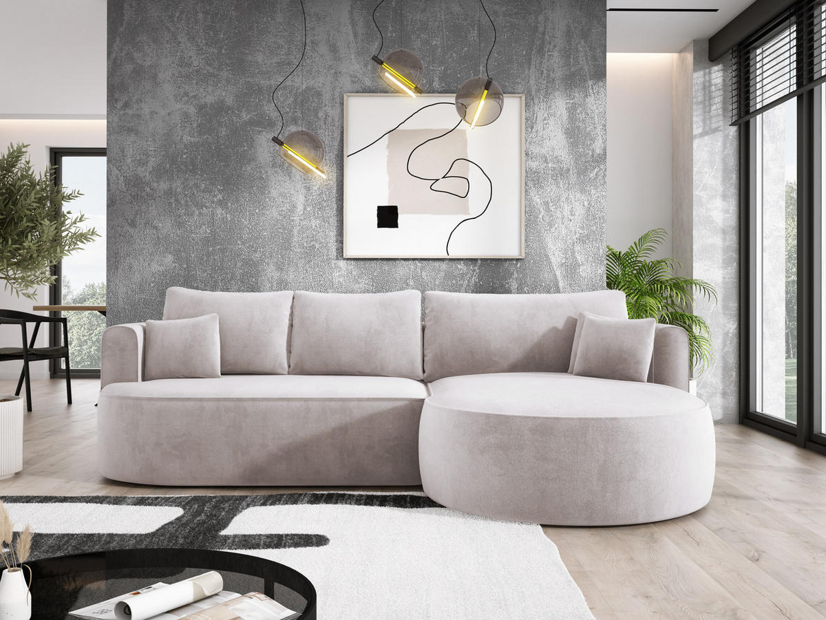 ECKSOFA FIORE L-förm Moderne Ausziehbare Schlaf-Funktion, automatischer Auffaltung, lose Rückenkissen freistehend RECHTS 284x183x82cm White - Weiß, Holz/Textil (284/183cm) - DomoHome