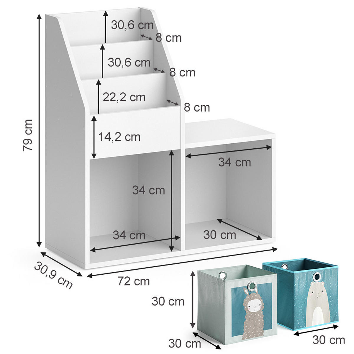 KINDERREGAL Luigi Weiß 72 x 79 cm Mini, mit 2 Faltboxen opt.6 - Weiß, Holzwerkstoff (30.9/79/72cm) - Vicco