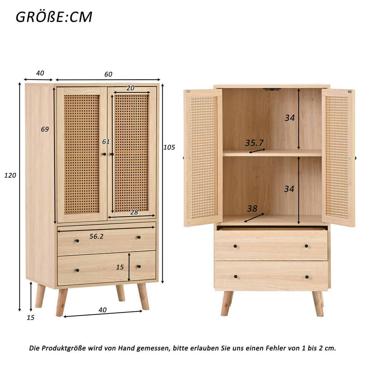 HIGHBOARD mit Rattantüren und 2 Schubladen in Eicheoptik - Eichefarben, Holzwerkstoff (60/120/40cm) - Urban Meuble