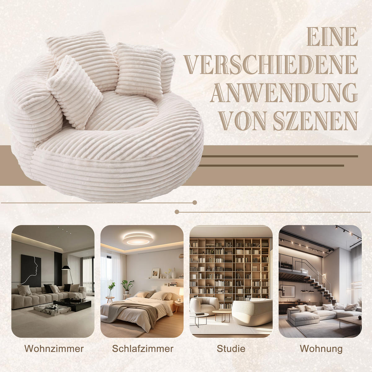 SITZSACK in Chenille mit 3 Kissen - Beige, Textil (108/52/108cm) - Urban Meuble