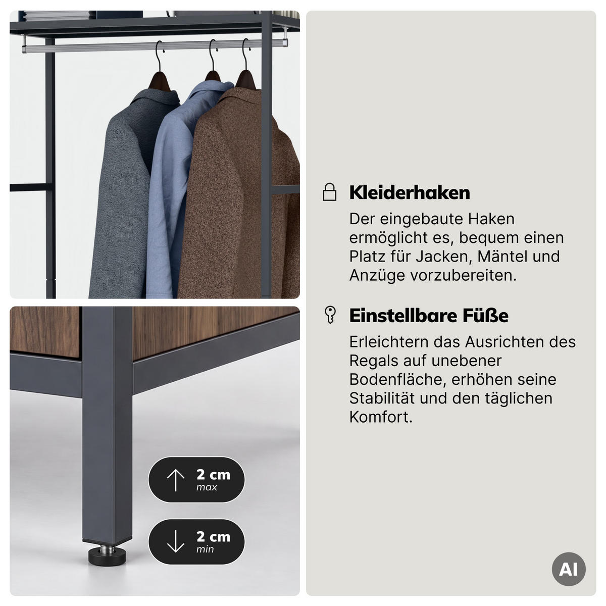 OFFENES Büroregal ARIEL 80 × 220 × 40 cm - Anthrazit/Nussbaumfarben, Metall (80/220/40cm)