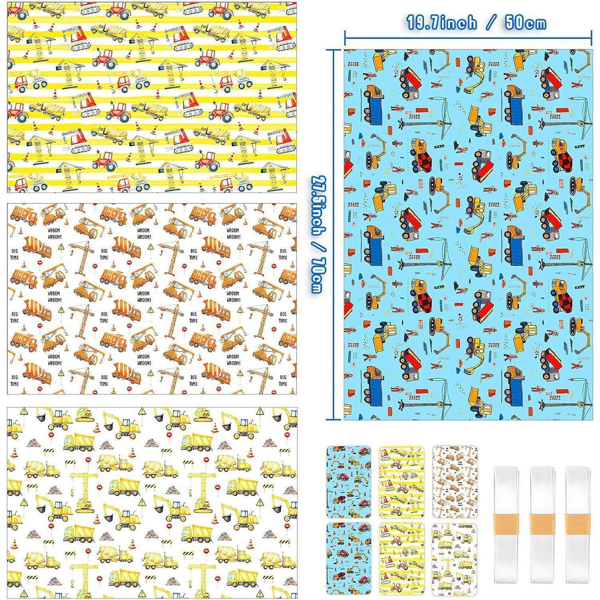 GESCHENKPAPIER Set Baustellenfahrzeuge 6 Bögen 50x70cm - Multicolor, Papier (50/0.1/70cm)
