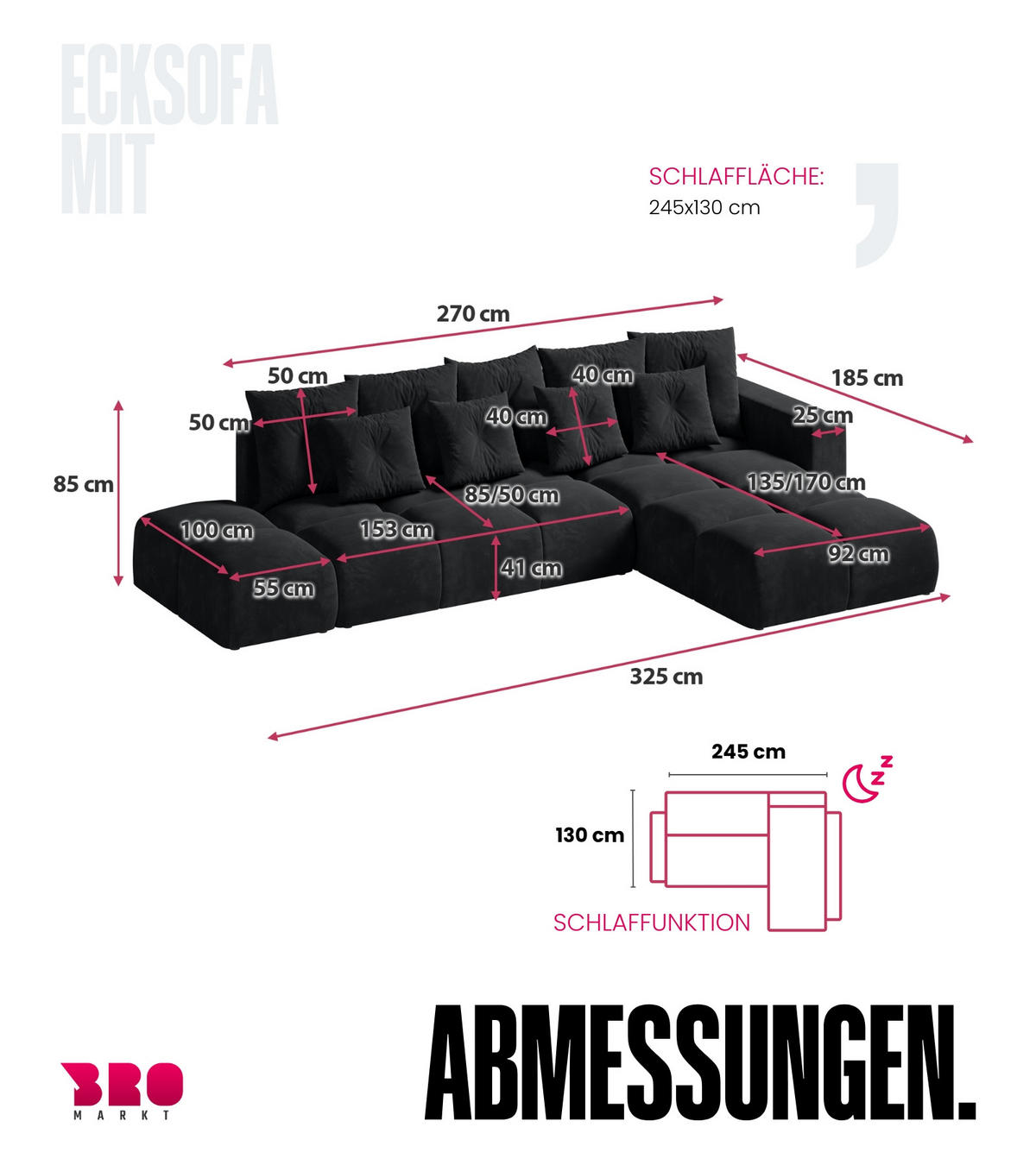 ECKSOFA mit Schlaffunktion RAMIRO Schwarz - Graphitfarben, Textil (325/185cm)