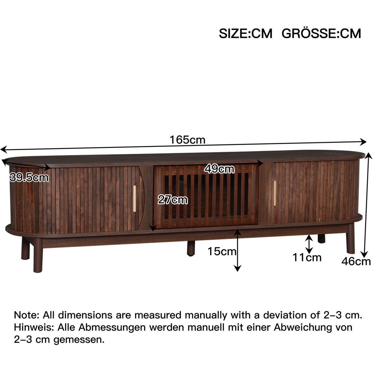 TV-LOWBOARD aus MDF 165x39,5x46 cm Braun mit Schiebetüren, Klapptür und 3 Staufächern - Braun, Holzwerkstoff (165/46/39.5cm) - Modfu
