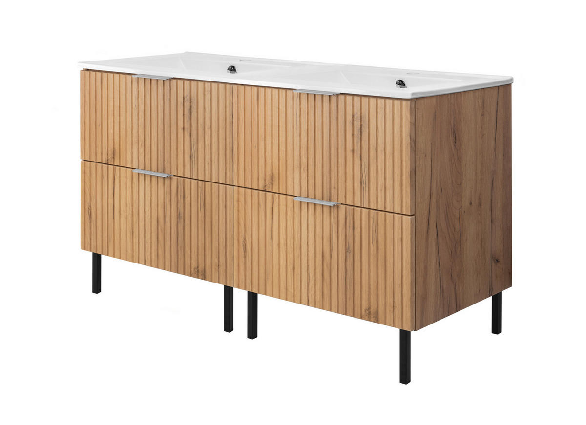 WASCHBECKUNTERSCHRANK, Eiche Craft, 120 (2 x 60) x 77 x 46 cm, silberner Griff, schwarze Beine, ohne Arbeitsplatte - Eichefarben/Silberfarben, Holzwerkstoff (120/77/46cm) - 3XE LIVING