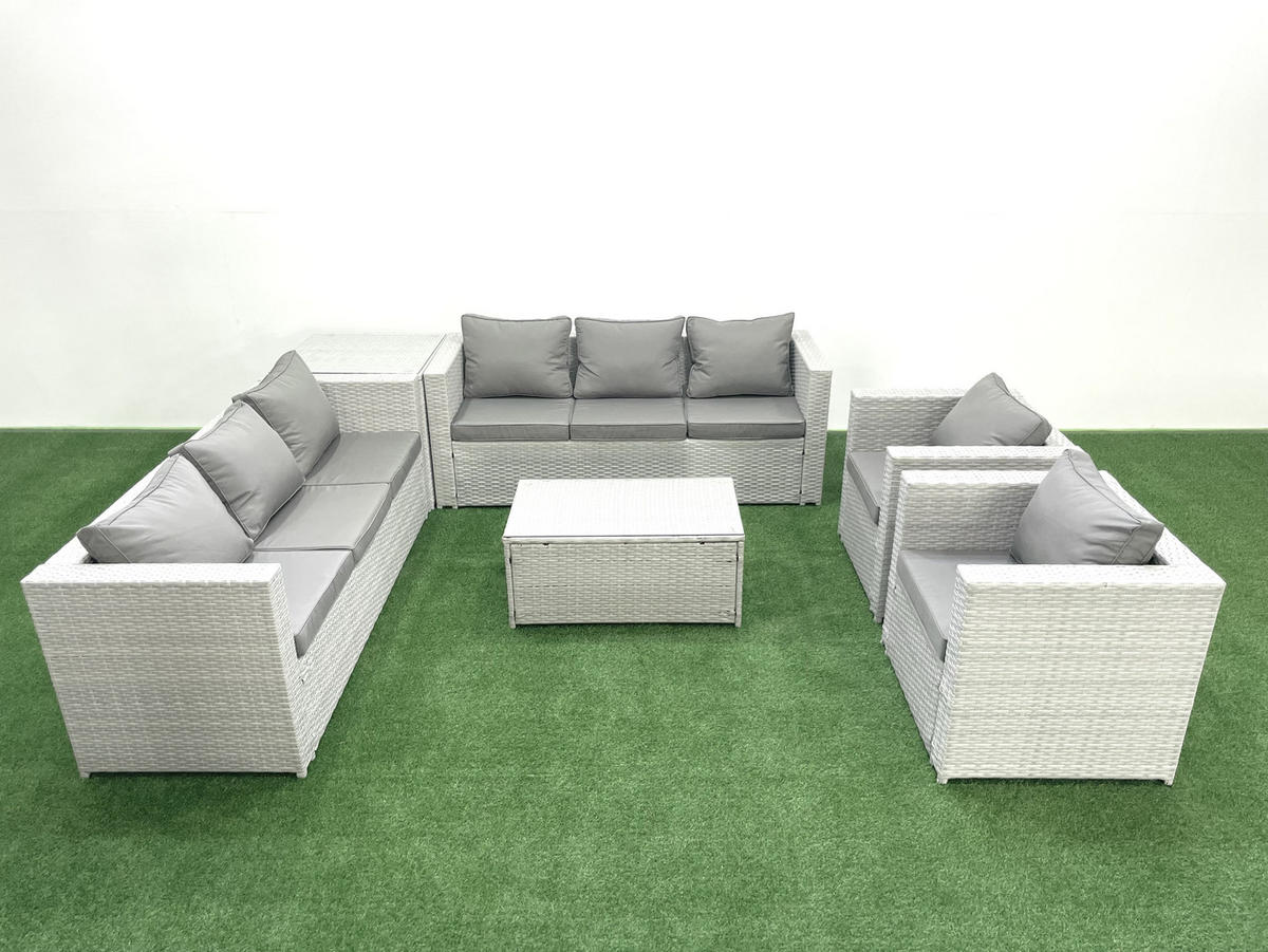 GARTENGARNITUR mit 3-SITZER SOFA,COUCHTISCH Polyrattan Hellgrau-Mix 8-Sitzer - Hellgrau/Grau, Glas/Kunststoff - Fimous