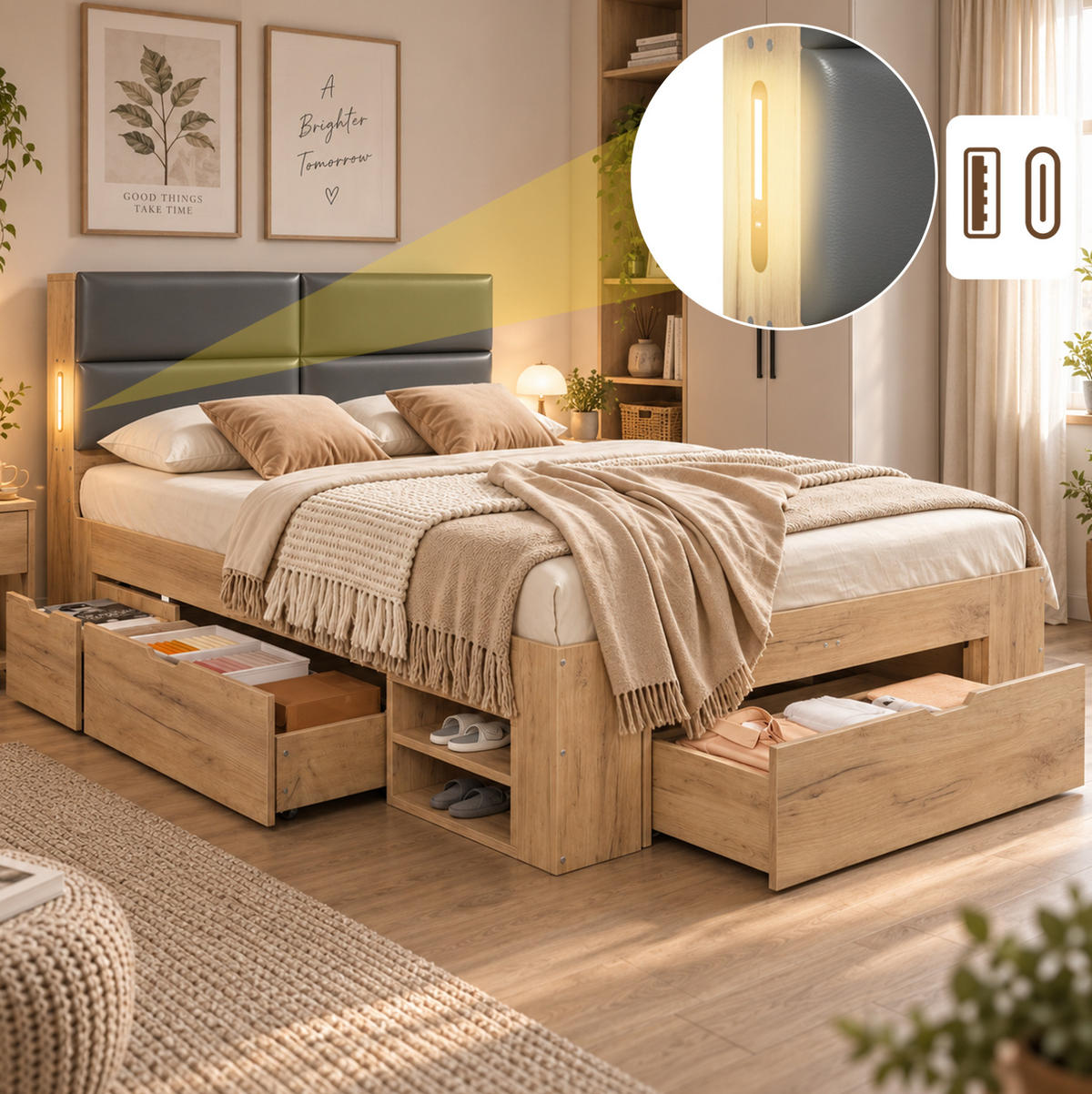 STAURAUMBETT aus MDF 140x200 cm Natur mit Schubladen, Nachtlicht, USB- und USB-C-Anschlüssen - Eichefarben, Holzwerkstoff (140/200cm) - Modfu