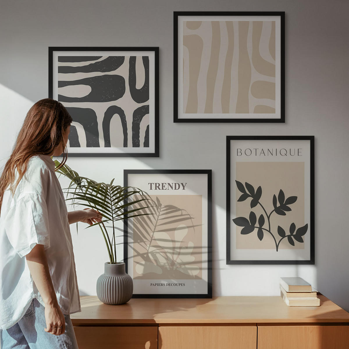 BILDER SET 4er Set - 50x50 cm & 40x60 cm Schwarzer Rahmen - Stilvolle Pflanzenmuster in Beige und Schwarz - Schwarz, Kunststoff (50/50cm) - TULUP