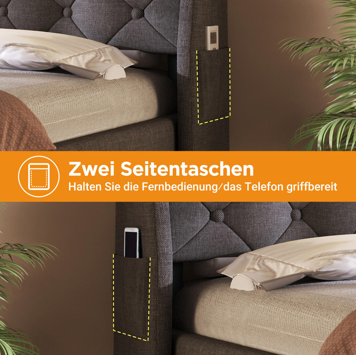 POLSTERBETT 180/200 cm Grau aus Leinen mit Stauraum und LED - Grau, Textil (180/200cm) - OKMYHOME