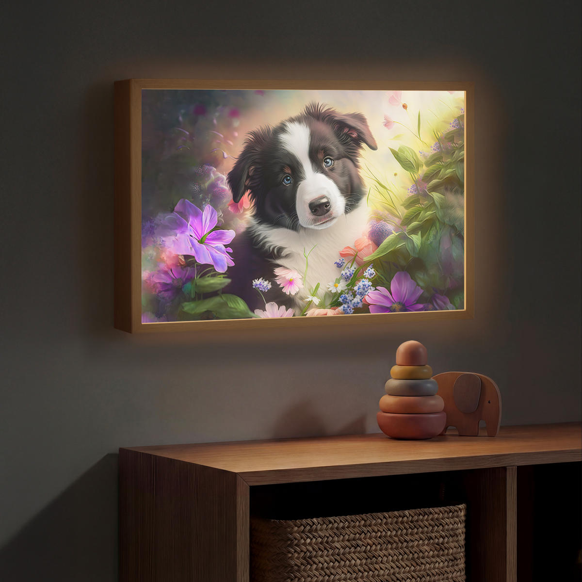 DOBÍJECÍ NOČNÍ LAMPIČKA Štěně - Slunce - Květiny - Příroda - Border kolie - Pes 60x40 cm - fialová, kompozitní dřevo (8/60/40cm) - OnlyWow