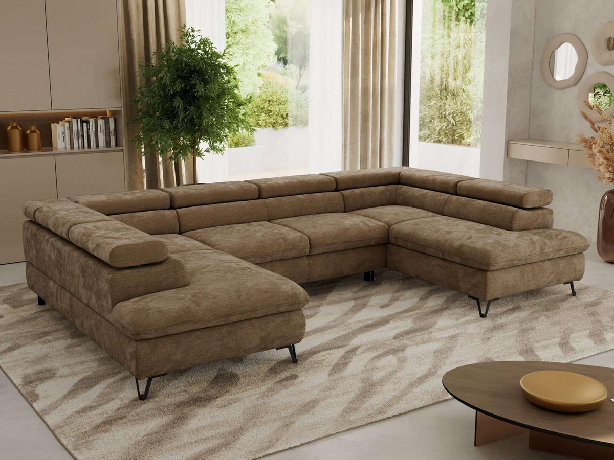 WOHNLANDSCHAFT PABLO U Schenille glatt Braun mit Topper Visco - Schwarz/Braun, Textil/Metall (346/76/208cm) - MKS