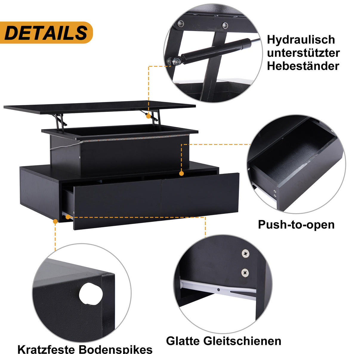 COUCHTISCH 90/55/41 cm in Schwarz Hochglanz mit LED-Beleuchtung und 4 Schubladen - Schwarz, Holzwerkstoff (90/55/41cm) - Flora Grace