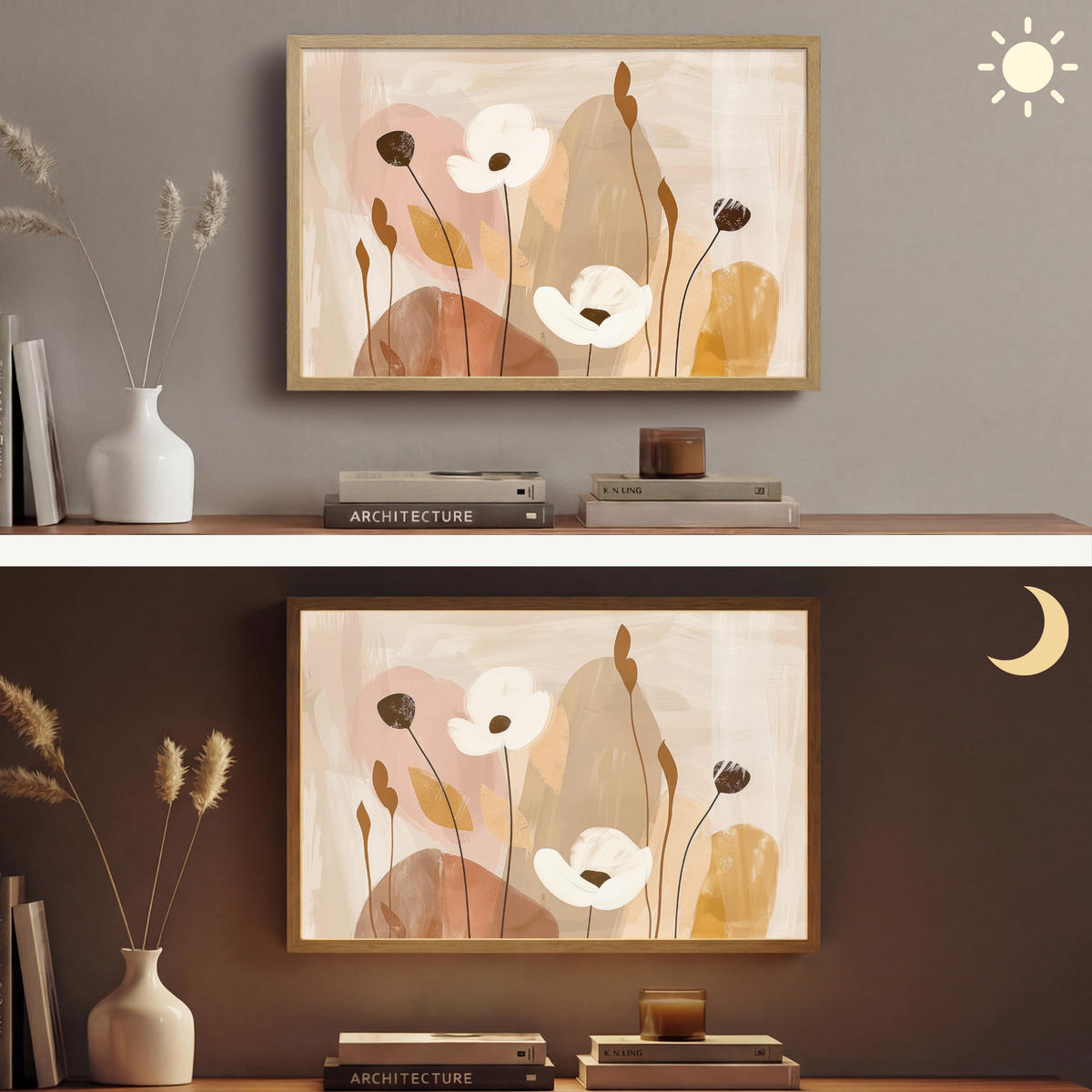 WANDLEUCHTE MIT AKKU Blumen - Abstrakt - Beige - Strichzeichnung 60x40 cm - Sandfarben, Holzwerkstoff (60/40/8cm) - OnlyWow
