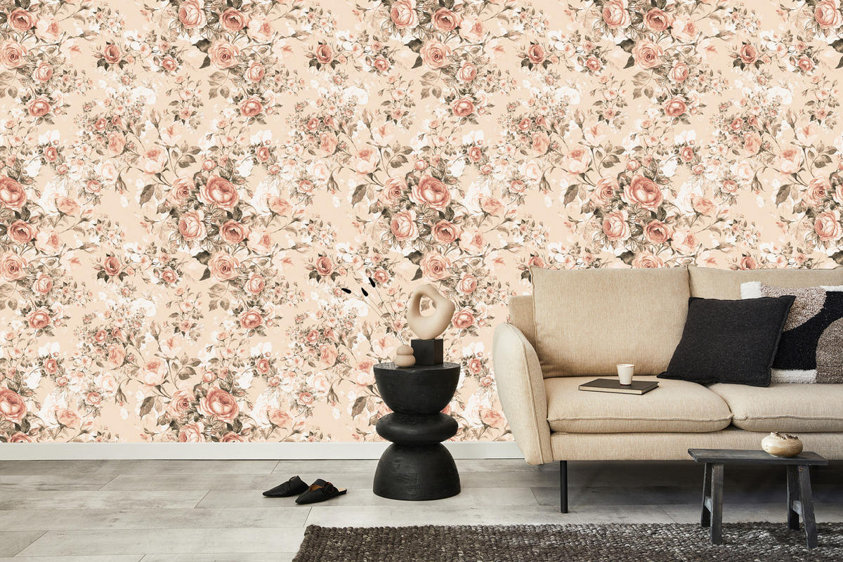 VLIESTAPETE Rosen im Retro-Stil – Rosa, Beige – 50x1000 cm - Beige/Rosa, Papier (50/1000cm) - Muralo