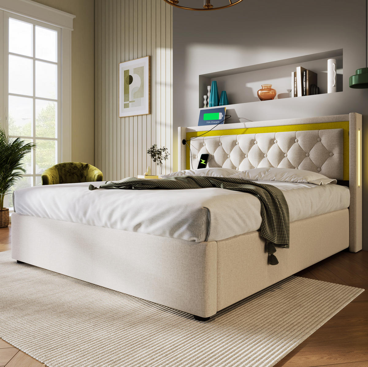 POLSTERBETT aus Baumwolle 140x200 cm in Beige mit LED, USB-C & Matratze - Beige, Textil (140/200cm) - Modfu