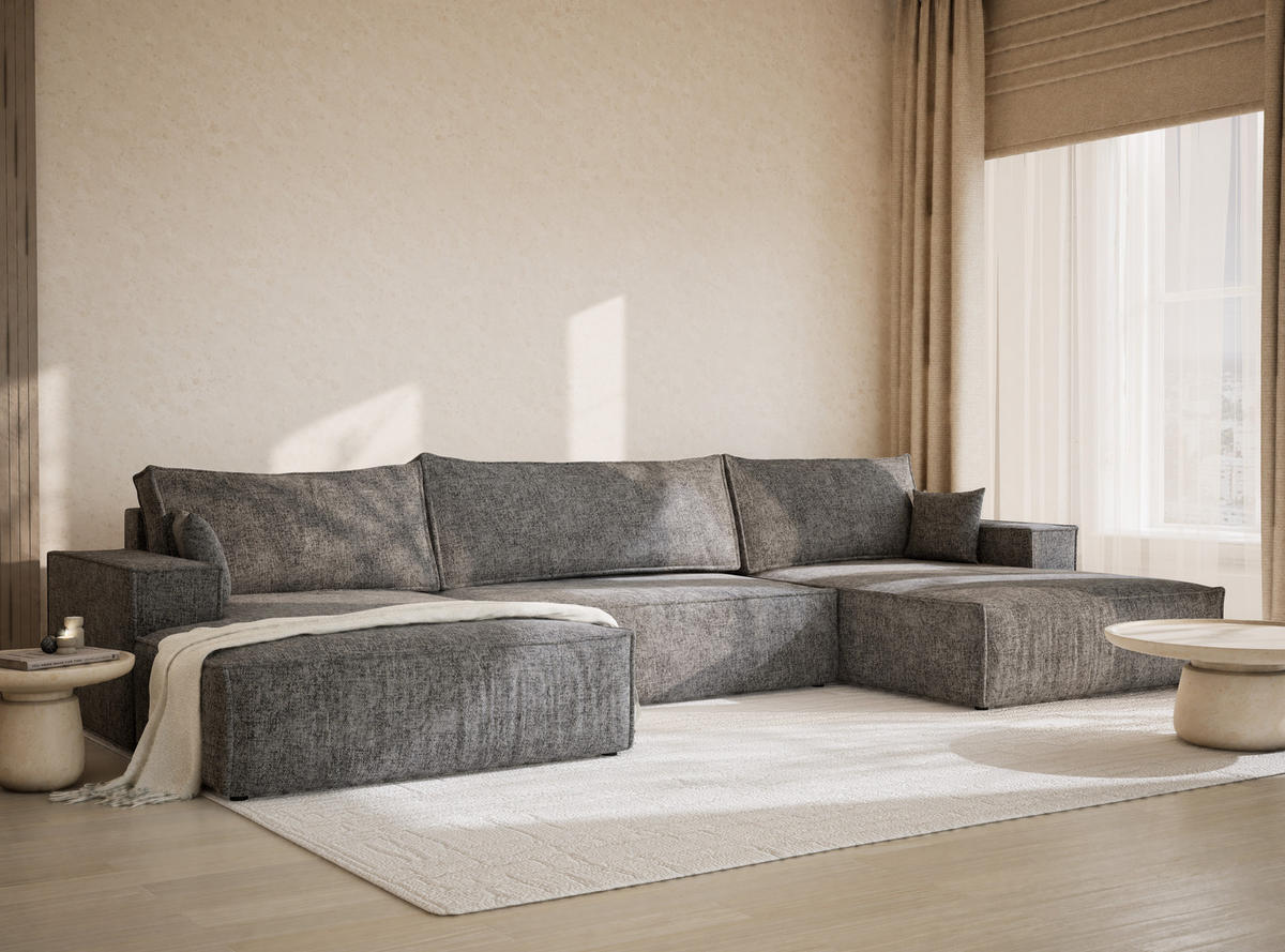 WOHNLANDSCHAFT Kyoto Grau Chenille-Stoff - Schwarz/Grau, Holz/Holzwerkstoff (398/70/148cm) - Maison de Reve