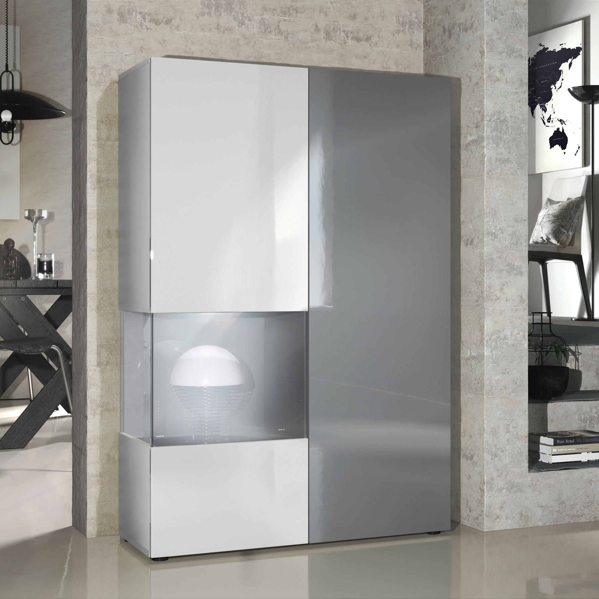 VITRINE Morena Tür und Einsatz in Grau Hochglanz - Grau, Holzwerkstoff (91.5/136.5/37cm) - Vladon