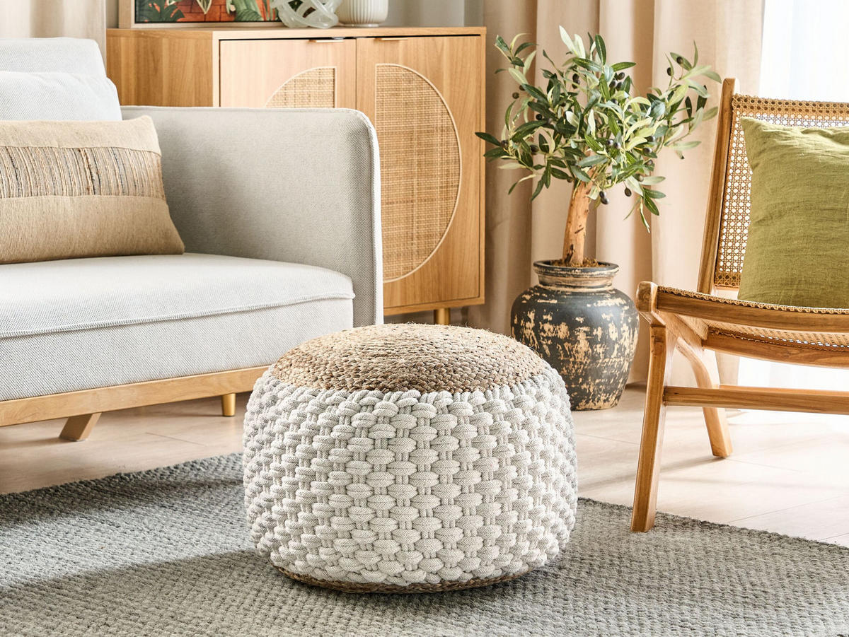 POUF Cremeweiß Aiza - Beige/Weiß, Naturmaterialien (50/35/50cm) - Beliani