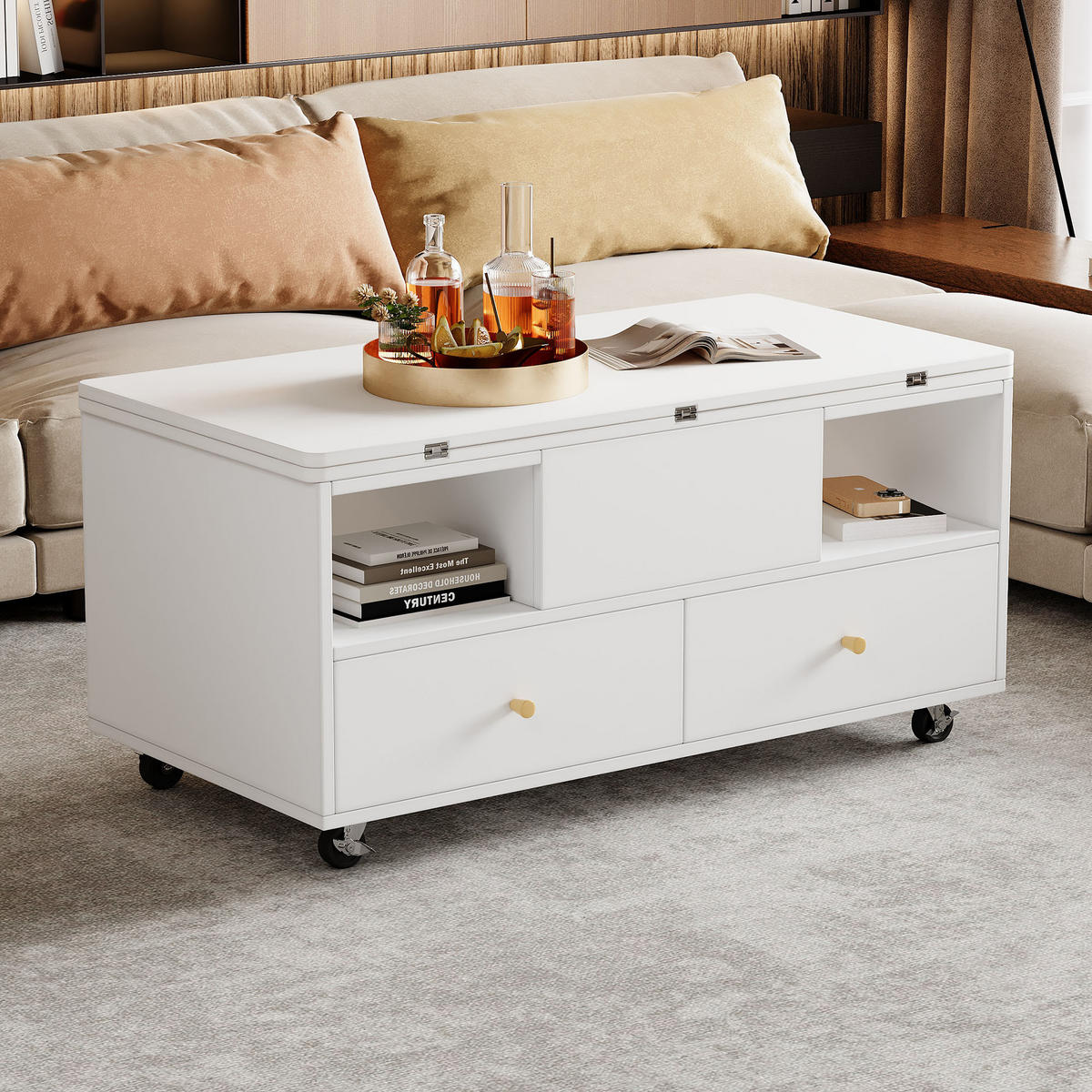 COUCHTISCH höhenverstellbar 100cm Klappfunktion 4 Schubladen Weiß - Weiß, Holzwerkstoff (100/50/47.5cm) - FLIEKS
