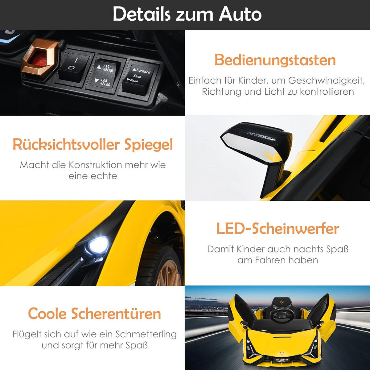 DETSKÉ auto Lamborghini 12 V, žlté - žltá, plast (64/41/108cm) - COSTWAY