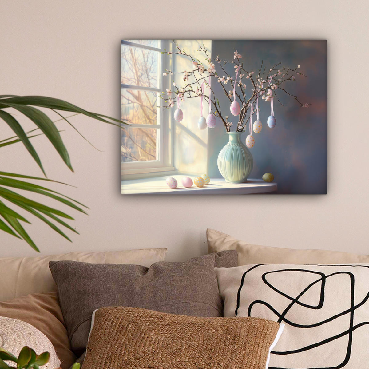 LEINWANDBILD Stillleben - Vase - Osterzweig Wandbild 40x30 cm - Hellblau, Textil (40/30cm) - MuchoWow