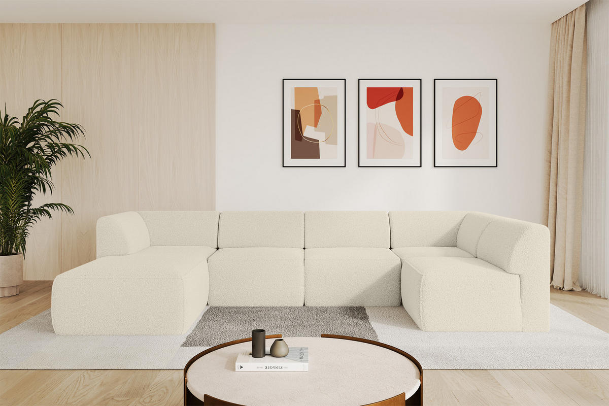 WOHNLANDSCHAFT Ottomane Links MOVO-L 345x180x78 cm Beige Bouclé - Hellbraun, Holzwerkstoff/Kunststoff (345/78/180cm) - ALTDECOR