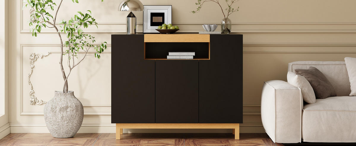 SIDEBOARD 3 Türen Wohn Esszimmer Multifunktional Stauraum - Schwarz, Holzwerkstoff (42/96/120.5cm) - FLIEKS
