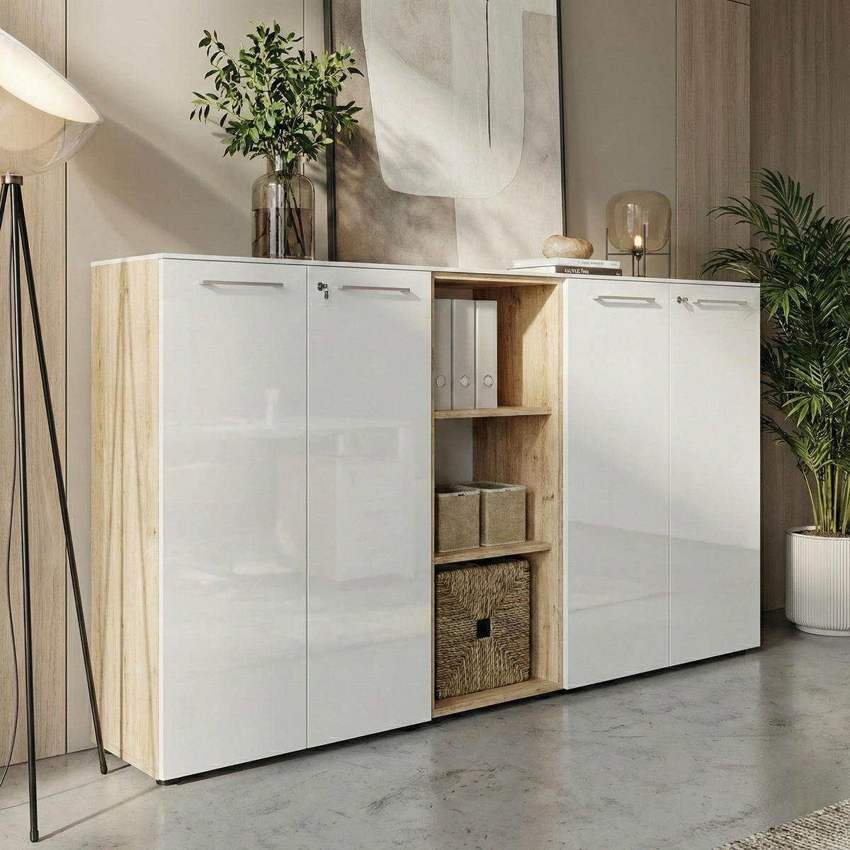 BÜRO-SET MUENCHEN 3-teilig | 2 Kommode x Regal | Glas Front & Abschließbar | Chalet-Eiche-Nb./Weiß - Weiß, Holzwerkstoff/Metall (240/120/37cm) - KADIMA DESIGN