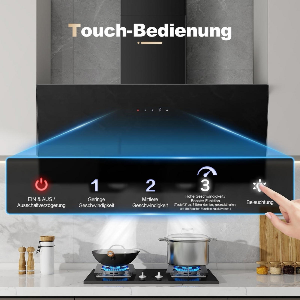 DUNSTABZUGSHAUBE Kopffreihaube, TOUCHSCREEN, UMLUFT UND ABLUFT, Schwarz Glas, Wandhaube, 90 cm - Schwarz, Metall (35.1/44.5/95.4cm) - Rolipo
