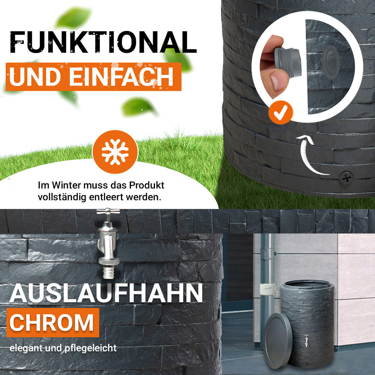 REGENTONNEN Komplett-Set 260 L graphite grey inkl. Chrom-Auslaufhahn und Fallrohranschluss - Grau, Kunststoff (60/93/60cm) - GARANTIA