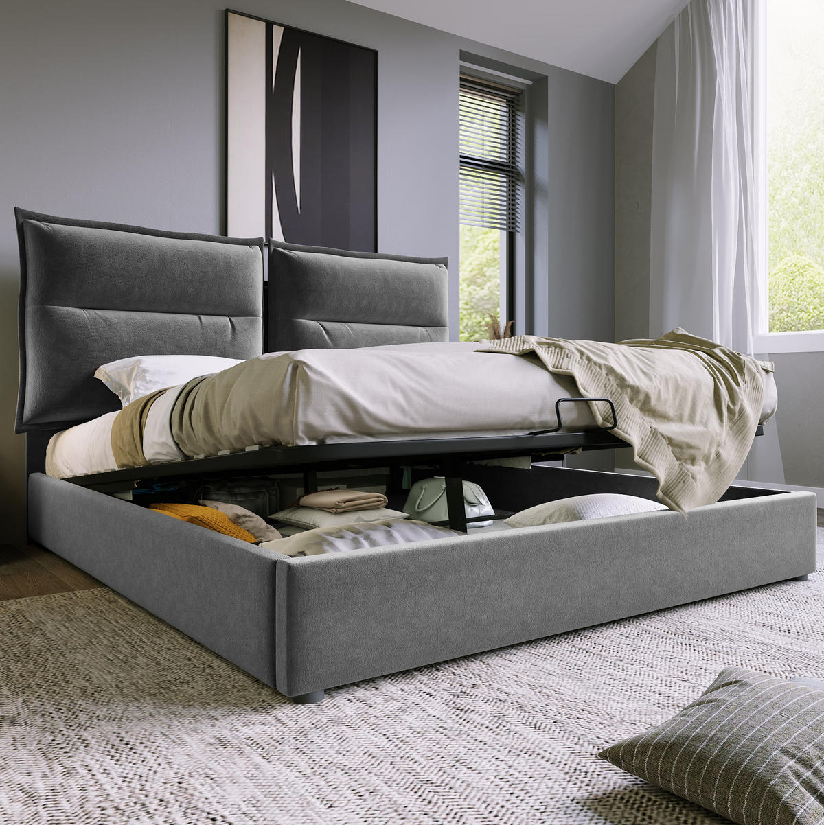 POLSTERBETT 140/200 cm Grau aus Samt mit Bettkasten - Grau, Textil (140/200cm) - OKMYHOME