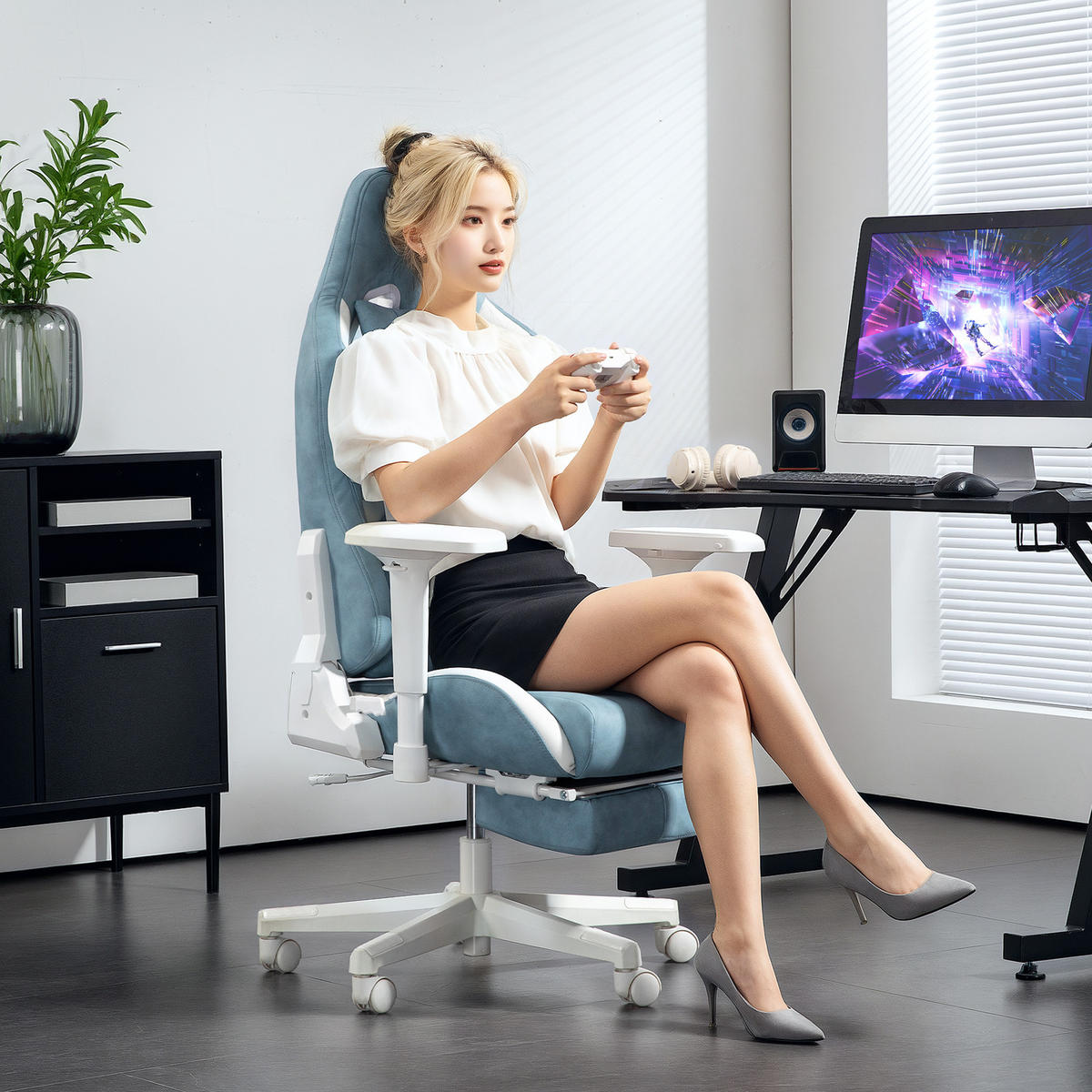 GAMINGSTUHL mit Liegefunktion, höhenverstellbar Schreibtischstuhl bis 120 kg - Blau, Kunststoff (73/129/74cm) - HOMCOM