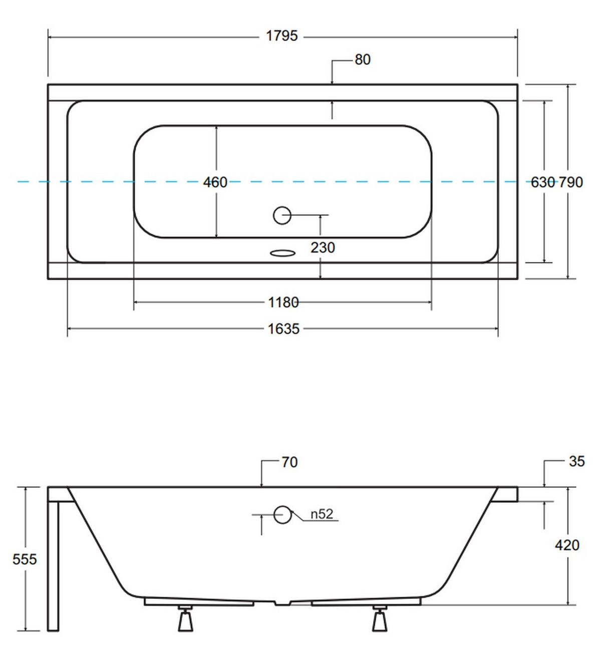 BADEWANNE Rechteck QUADRO 180/80 Ablauf & Füße - Weiß, Kunststoff (80/55.5/180cm) - bad land