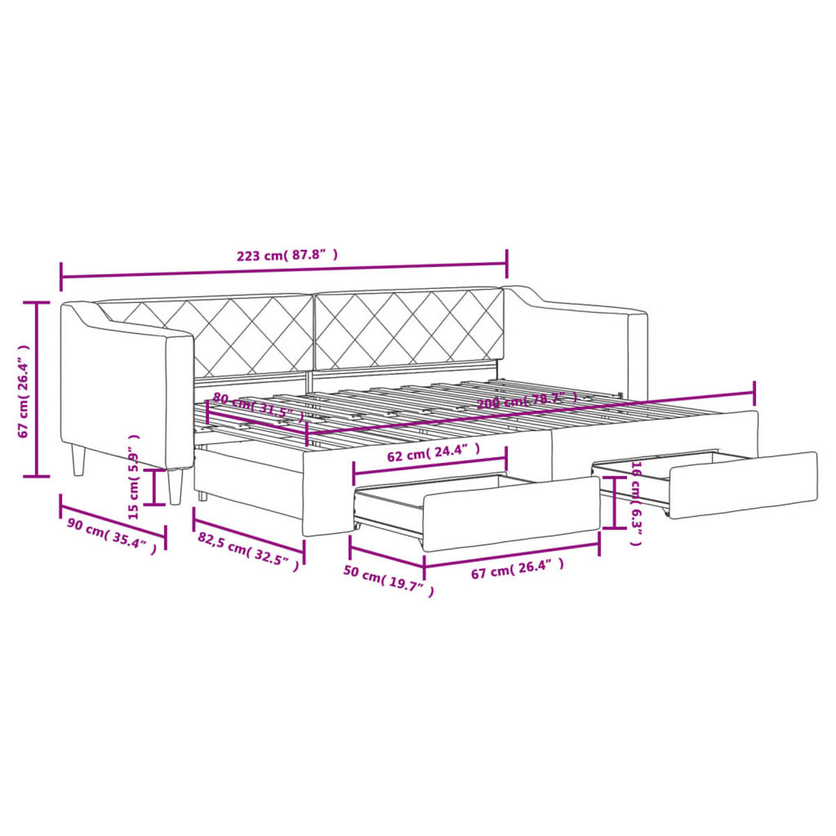 TAGESBETT Ausziehbar Mit Schubladen Hellgrau 80/200 Cm Stoff - Grau, Textil (80/200cm) - vidaXL