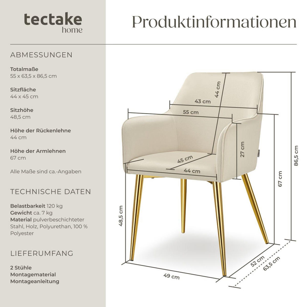 ARMLEHNSTUHL 6er Set Avane 55 x 63 5 x 86 5 cm beige - Beige, Textil (55/86.5/63.5cm) - tectake