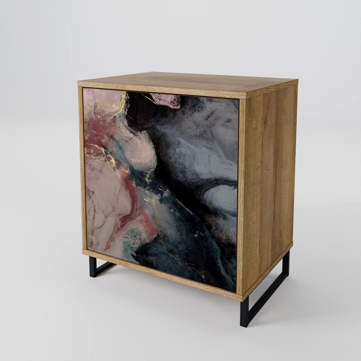 SIDEBOARD GILDED SWIRLS, Eichefarben, 57,5x42x72,5 cm, Schwarze Metallfüße - Eichefarben/Multicolor, Holzwerkstoff/Metall (57.5/72.5/42cm) - SpaceRebels
