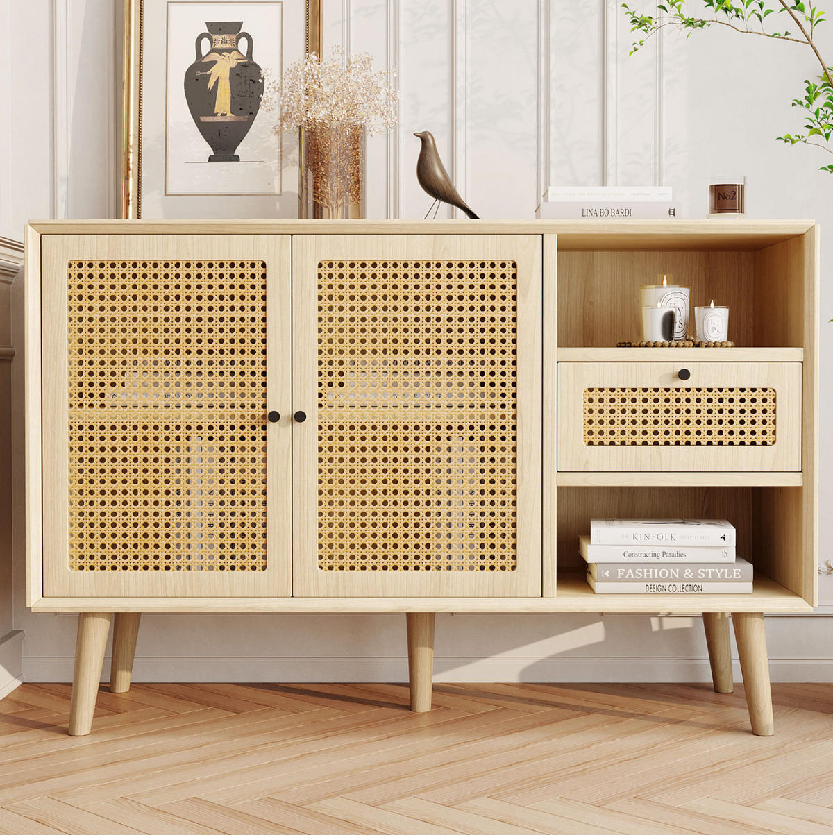 SIDEBOARD 120/40/80 cm in Eiche mit Rattangeflecht, 1 Schublade und 2 Türen - Eichefarben, Holzwerkstoff (120/80/40cm) - Flora Grace