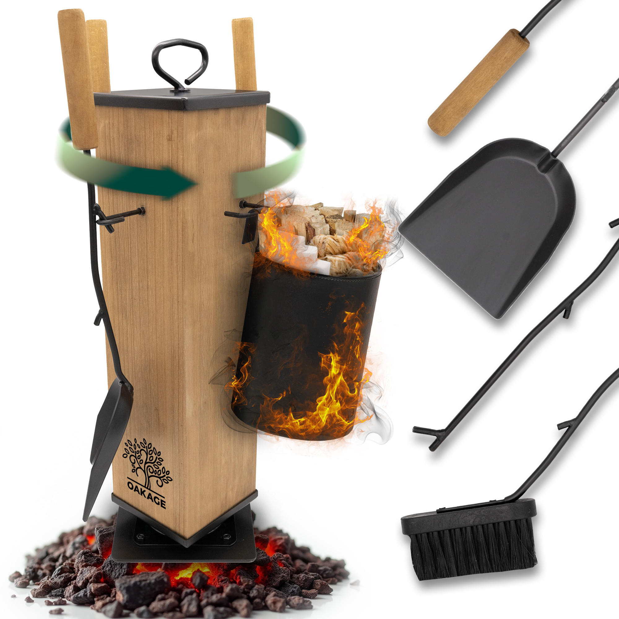 KAMINBESTECK LuxeLeather mit Zündholzkorb aus veganem Leder - Schwarz, Holz/Kunststoff (18/58/18cm) - OAKAGE