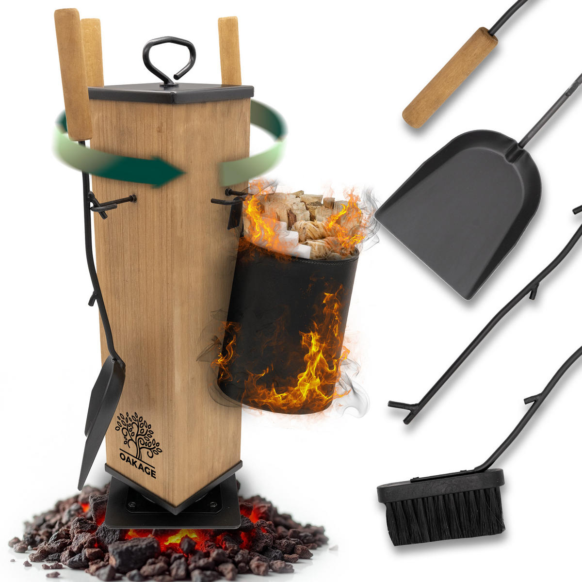 KAMINBESTECK LuxeLeather mit Zündholzkorb aus veganem Leder - Schwarz, Holz/Kunststoff (18/58/18cm) - OAKAGE
