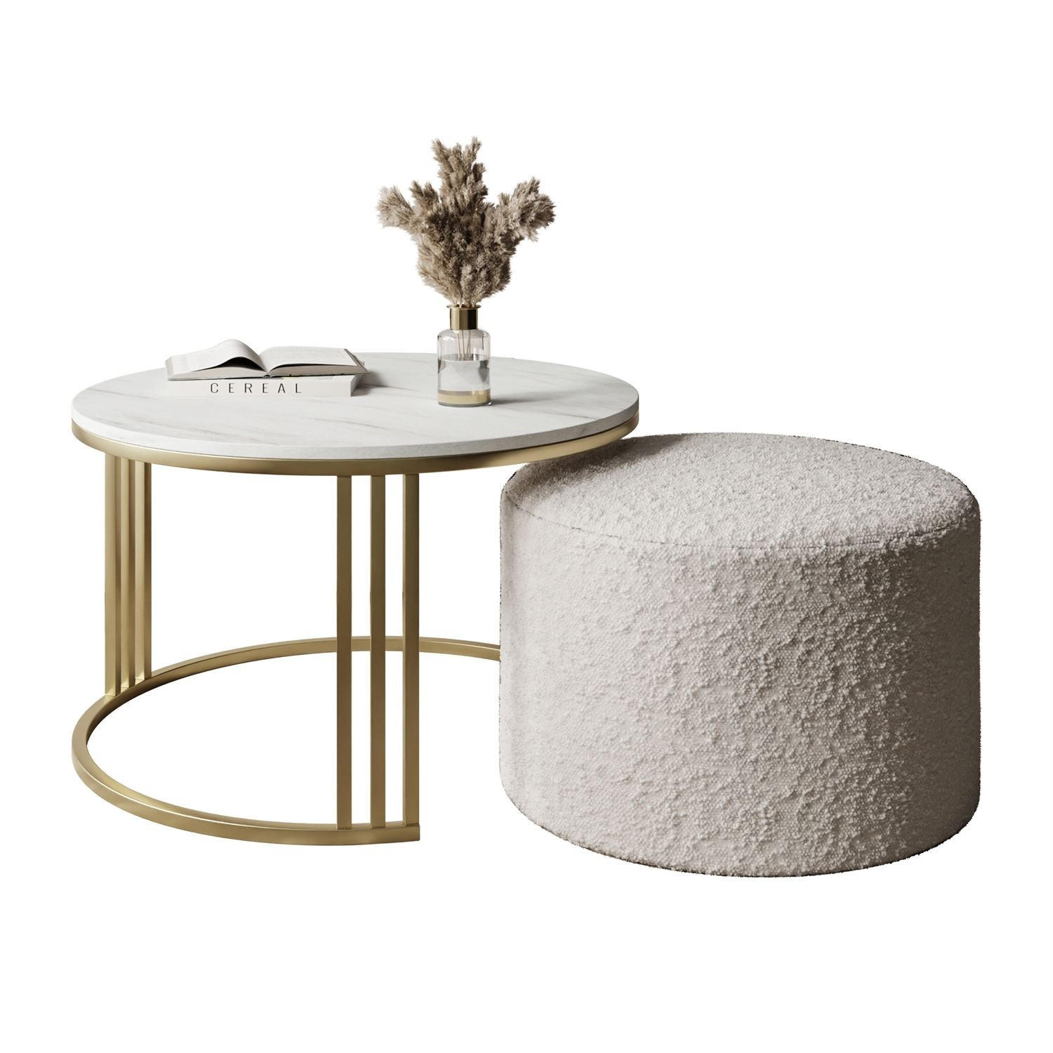 COUCHTISCH mit Hocker LORI MAT gebürstetes Gold/Marmor Levanto/Coral 65 - Weiß, Metall (70/70/49cm) - Lookway