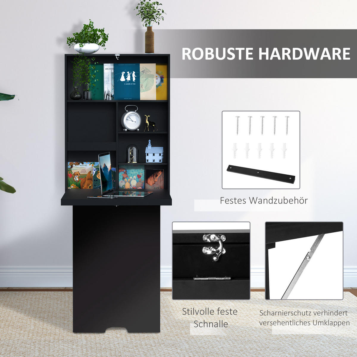 WANDKLAPPTISCH, MDF, Schwarz, 60 x 94,5 x 147 cm - Schwarz, Kunststoff (94.5/147/60cm) - HOMCOM