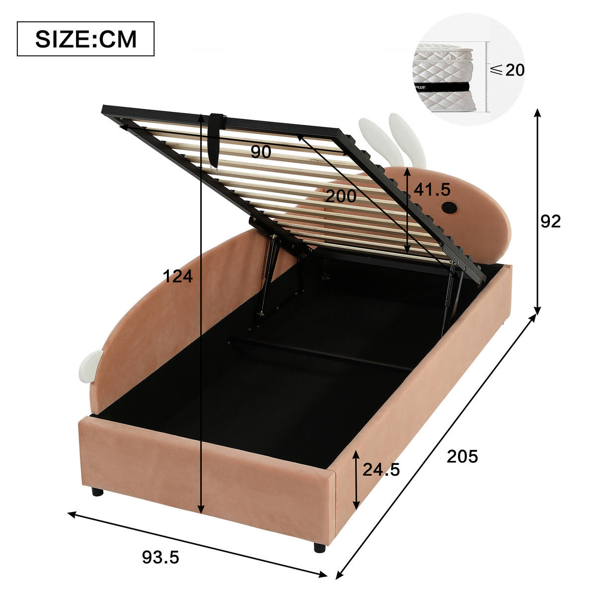 POLSTERBETT 90/200 cm Rosa+Weiß Niedliches Häschen-Kopfteil mit Stauraum aus Samt - Dunkelrosa, Textil (90/200cm) - OKWISH