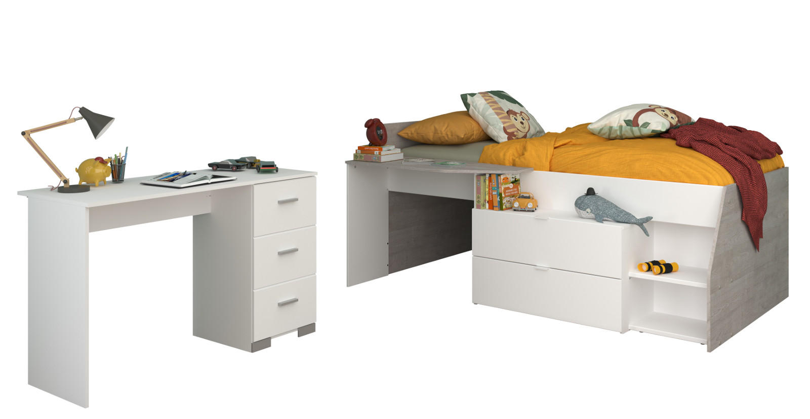 KINDERZIMMER weiß, grau, Set 2-teilig mit Stauraumbett, Schreibtisch - Silberfarben/Weiß, Holzwerkstoff/Kunststoff (135/90/203cm) - Parisot Meuble