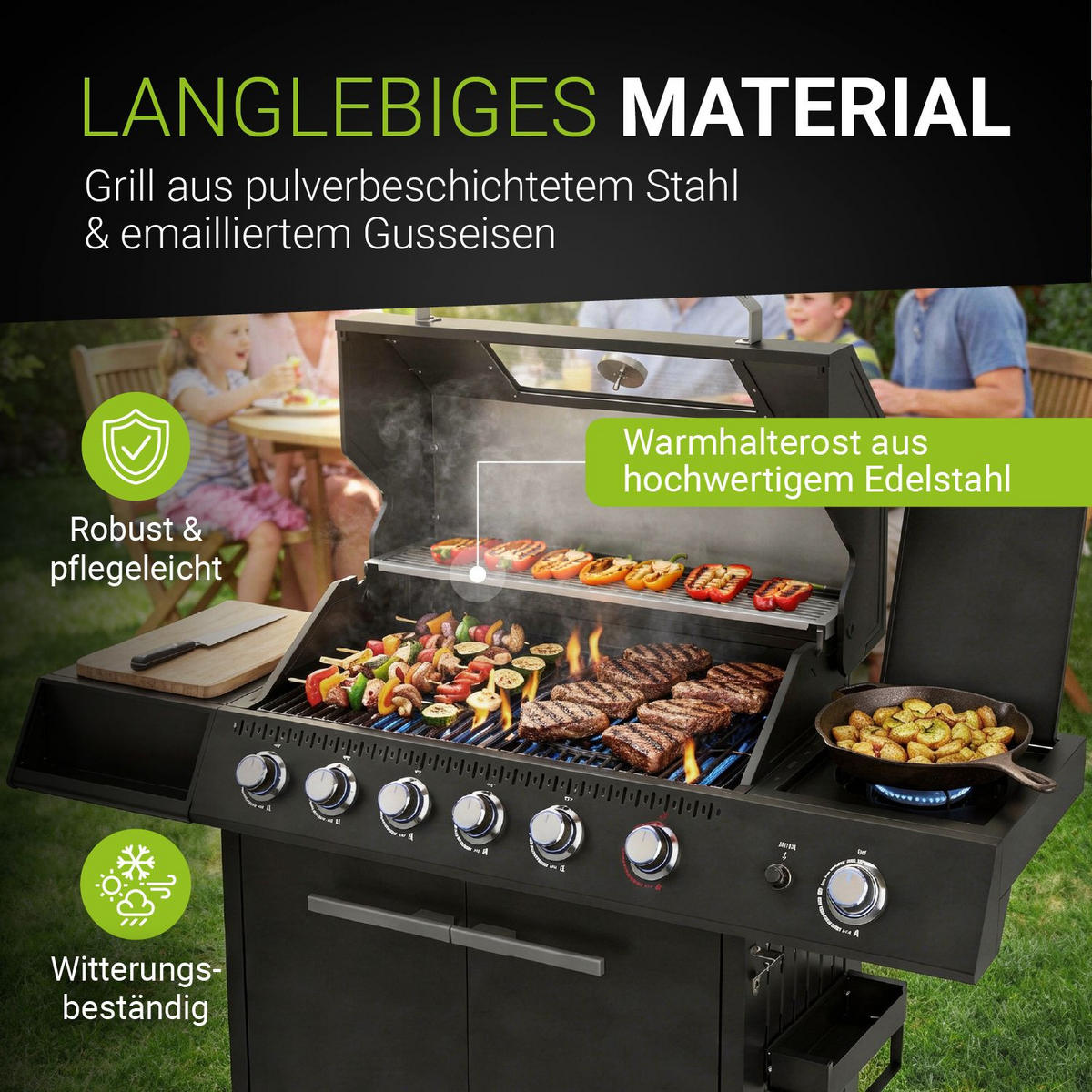 GASGRILL Tennessee Schwarz 6+1 - Schwarz, Metall (145/117/55cm) - Juskys