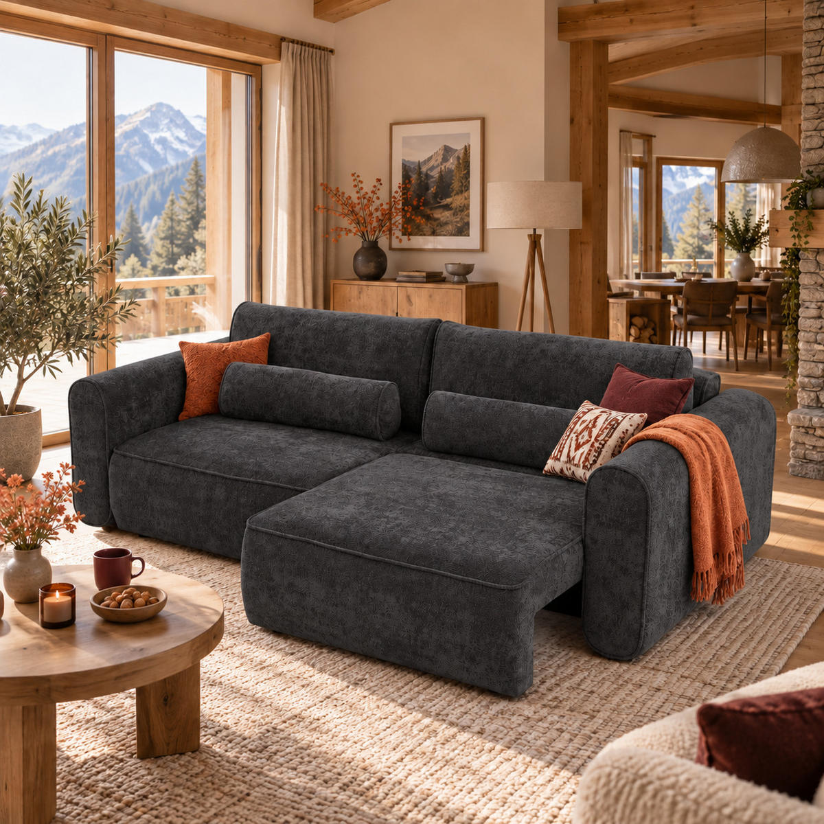 ECKSOFA MOTION mit Schlaffunktion 130x200 Webstoff Schwarz - Schwarz, Holz/Textil (250/166cm) - Muffo
