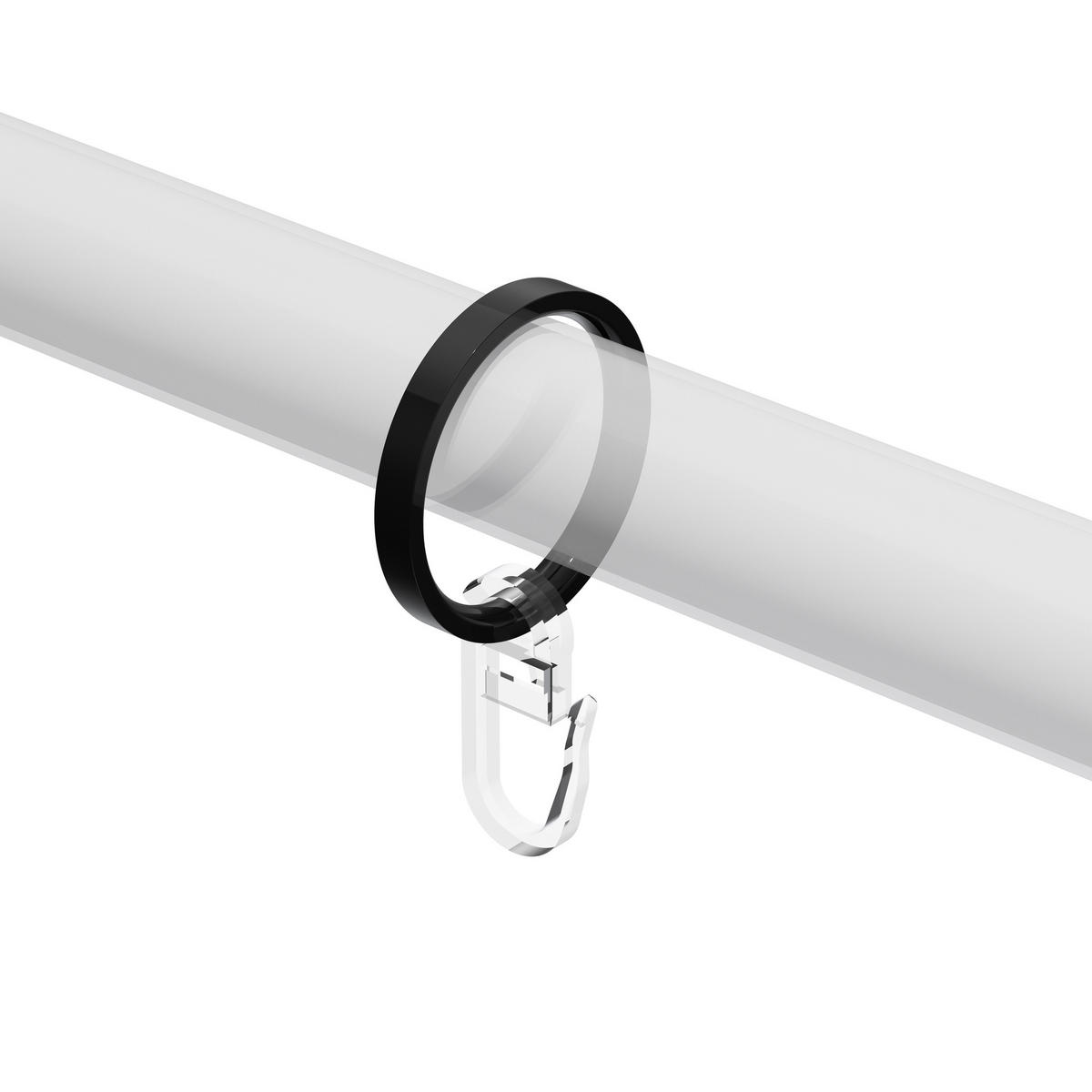 FLACHRINGE MIT FALTENHAKEN FÜR GARDINENSTANGEN 20 mm Ø, Schwarz, Packung 10 Stück - Schwarz, Metall (20cm) - INTERDECO